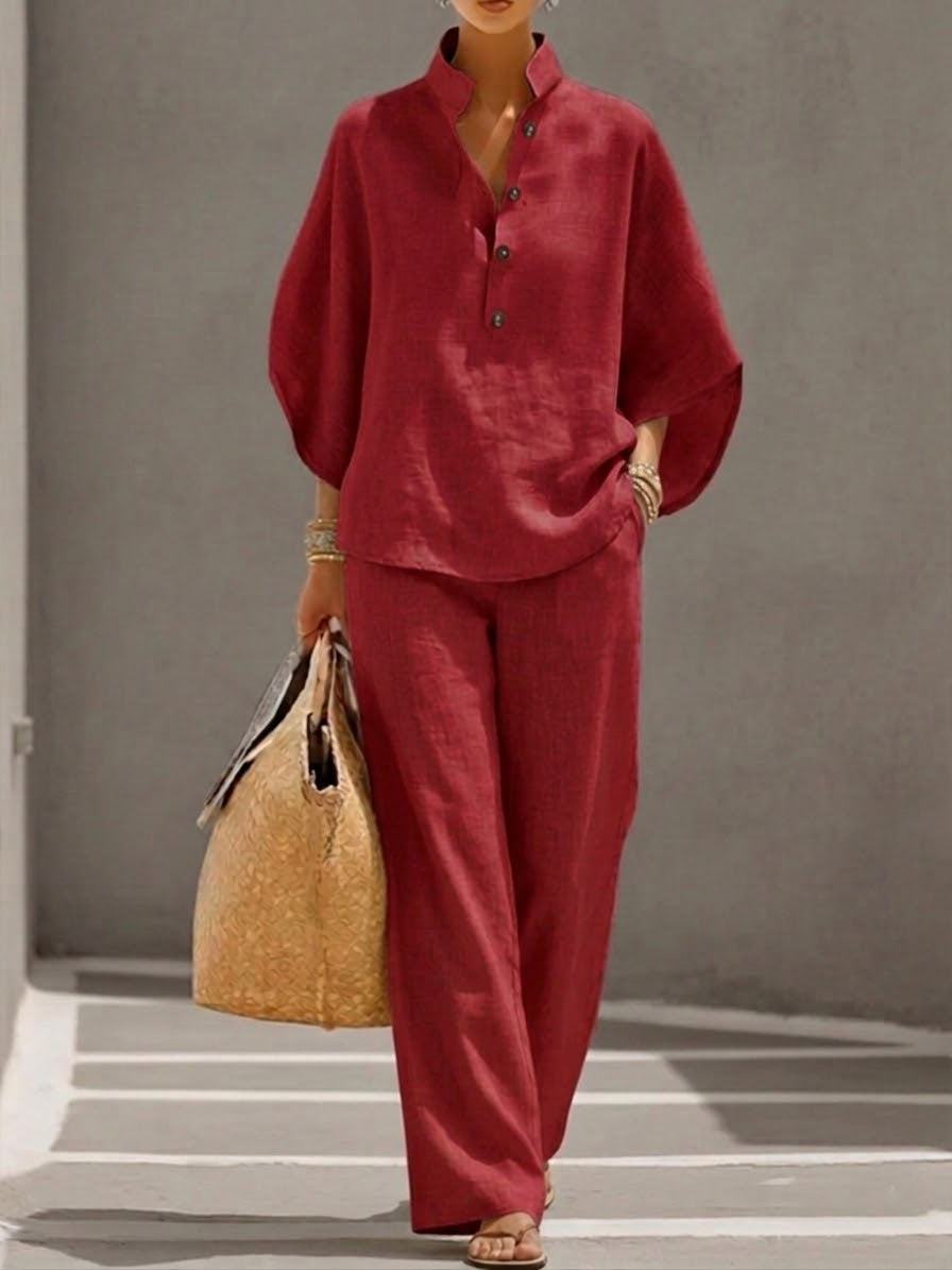 Conjunto YAIRA mangas murciélago de algodón y lino con pantalones de pierna ancha
