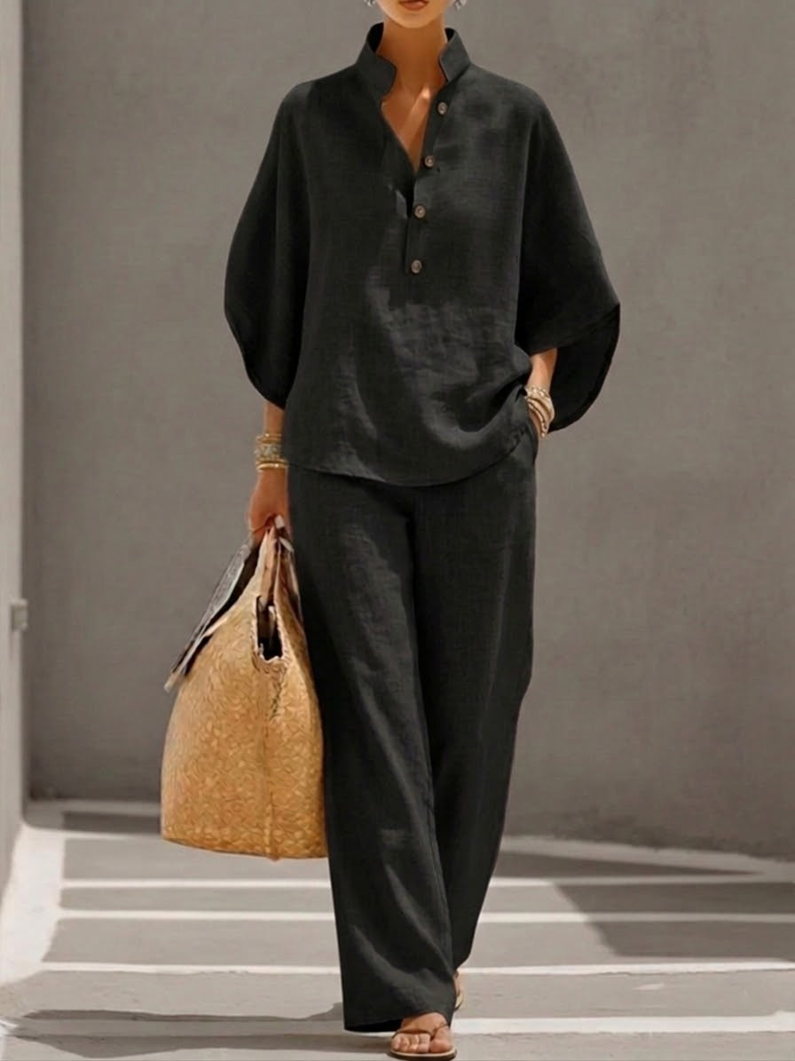 Conjunto YAIRA mangas murciélago de algodón y lino con pantalones de pierna ancha