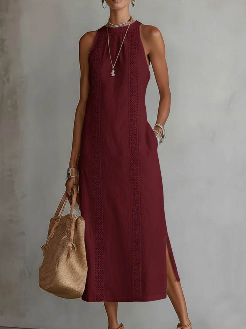 JIMENA | Vestido midi de lino con cuello halter.