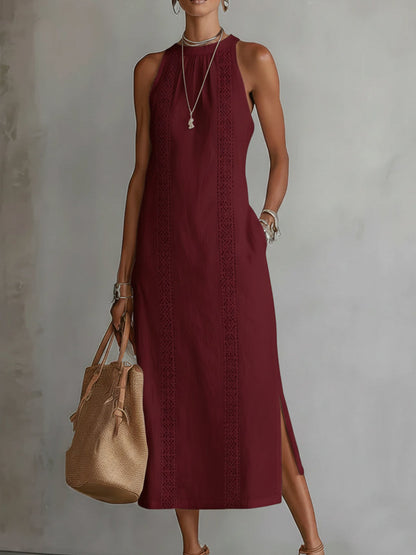 JIMENA | Vestido midi de lino con cuello halter.