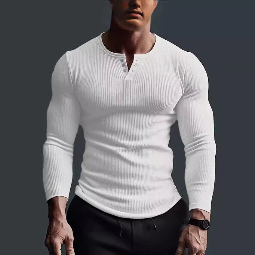 Camiseta GIORGO Henley de Hombre Ajustada | Manga Larga Elástica Casual y Moderna
