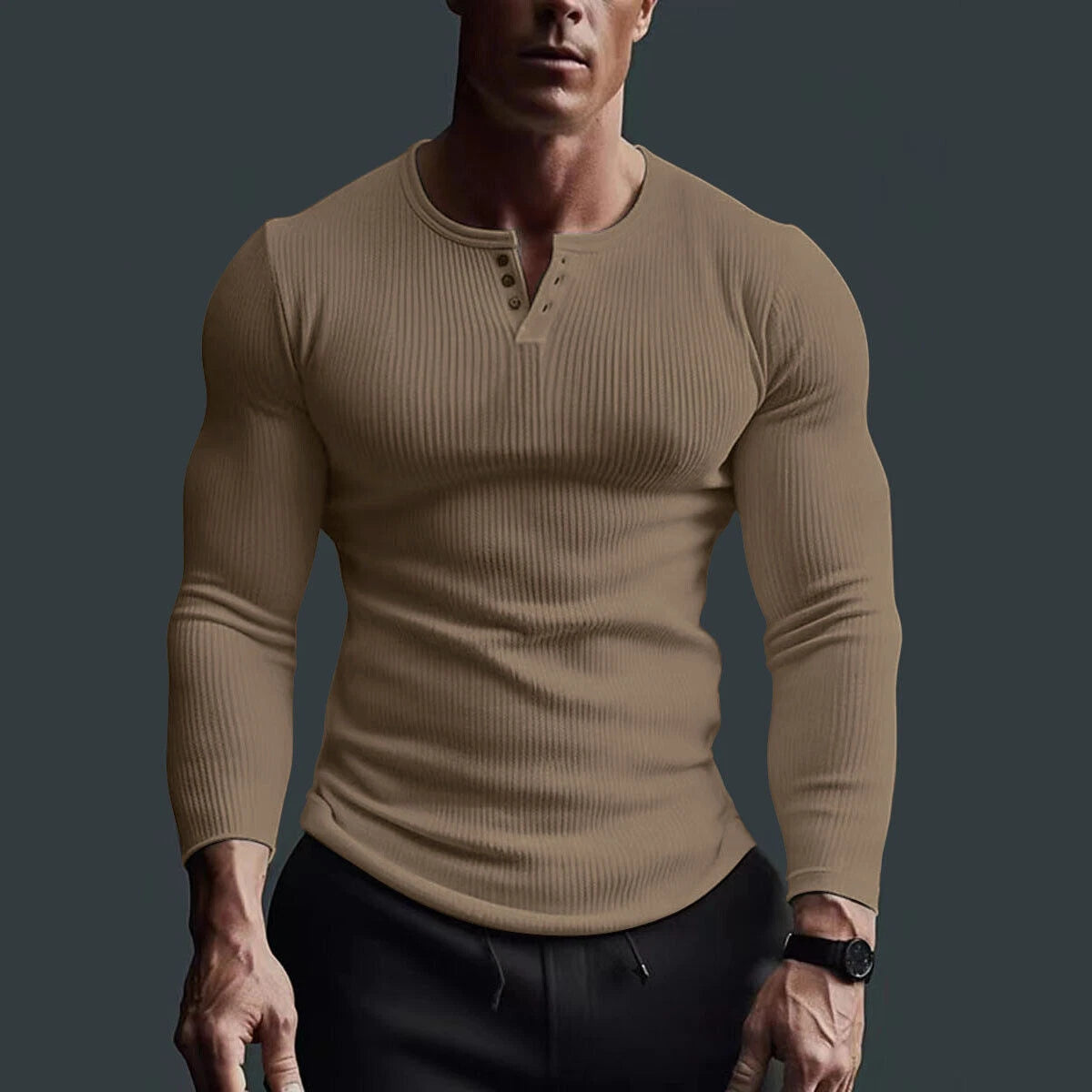 Camiseta GIORGO Henley de Hombre Ajustada | Manga Larga Elástica Casual y Moderna