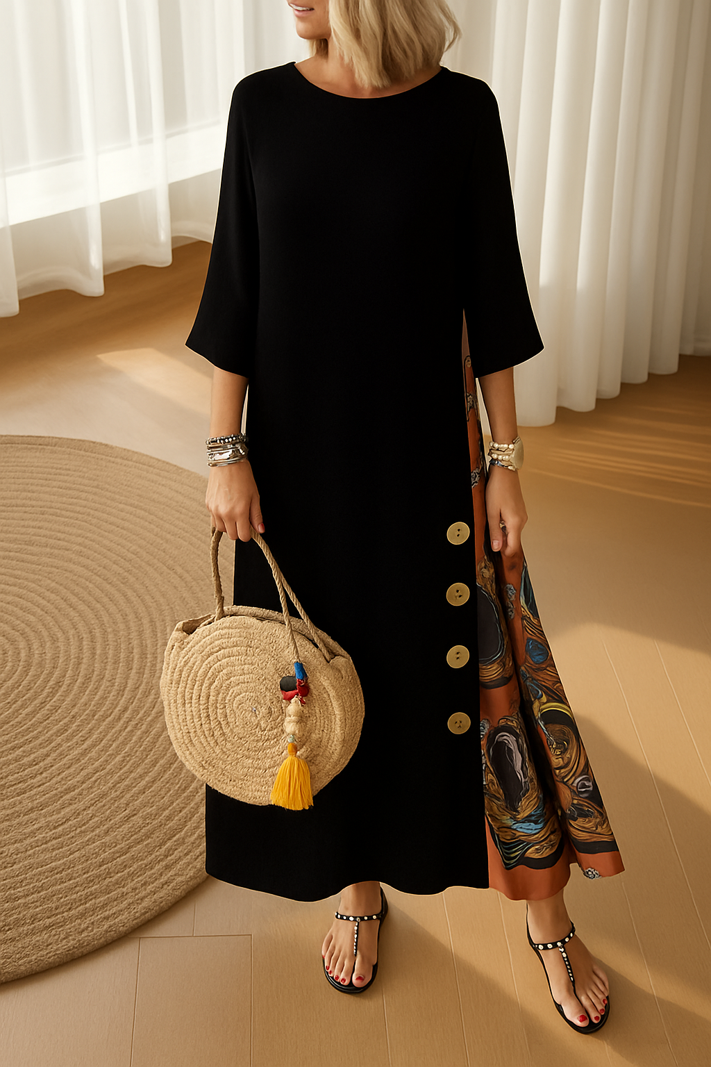 Vestido SANDRA de algodón bohemio, elegante, con botones decorativos, cómodo y fresco.
