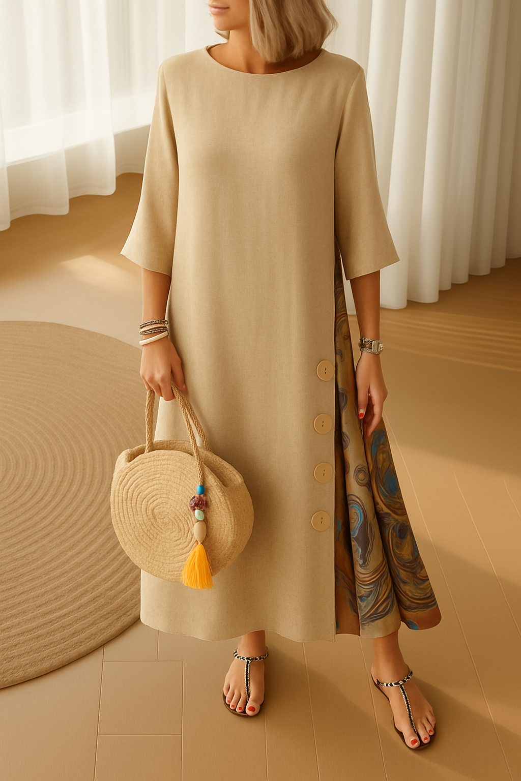 Vestido SANDRA de algodón bohemio, elegante, con botones decorativos, cómodo y fresco.