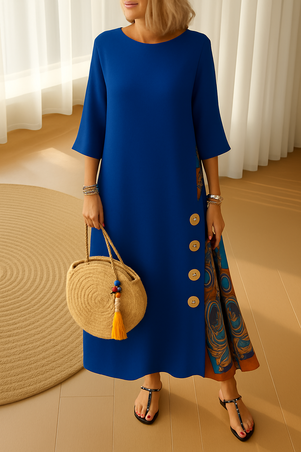 Vestido SANDRA de algodón bohemio, elegante, con botones decorativos, cómodo y fresco.