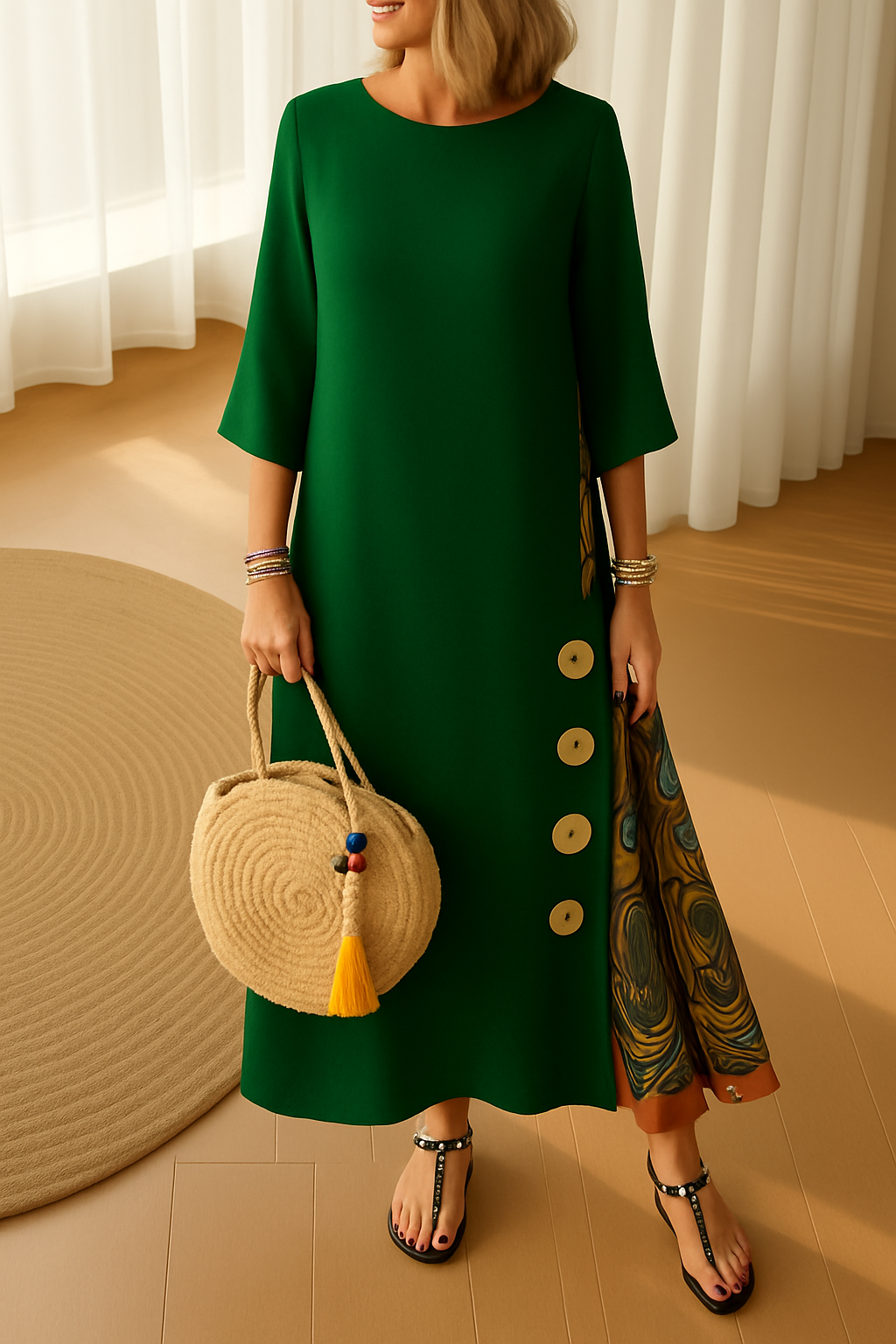 Vestido SANDRA de algodón bohemio, elegante, con botones decorativos, cómodo y fresco.