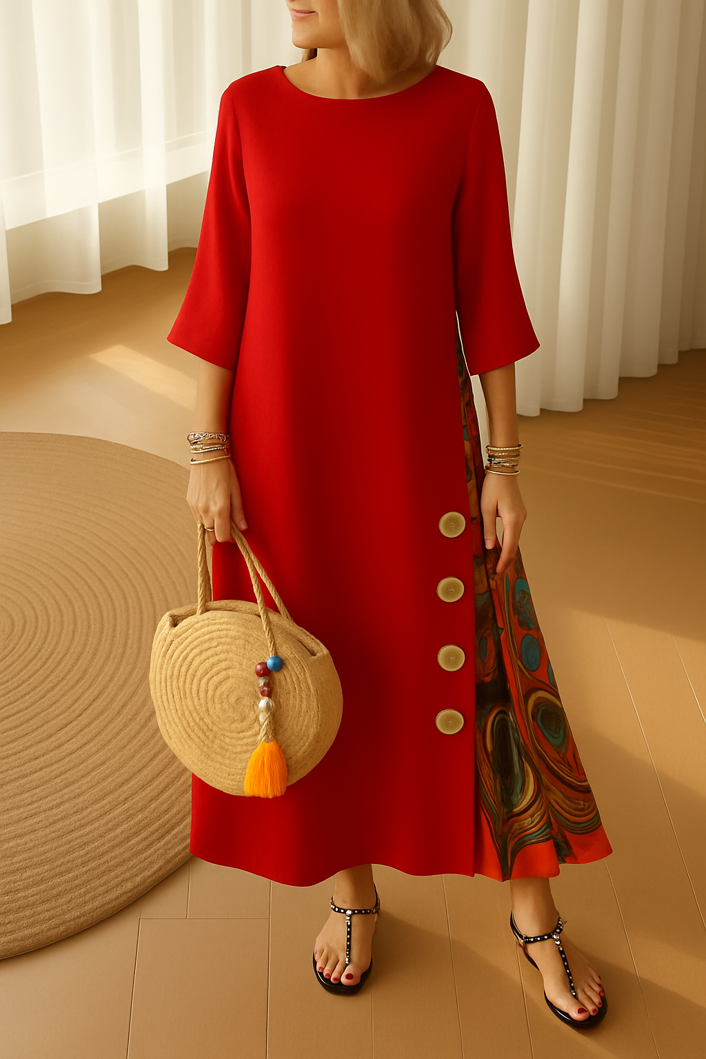 Vestido SANDRA de algodón bohemio, elegante, con botones decorativos, cómodo y fresco.